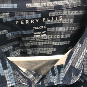 Perry Ellis Navy and Light Blue Geometric Slim Fit Button-Down Shirt
